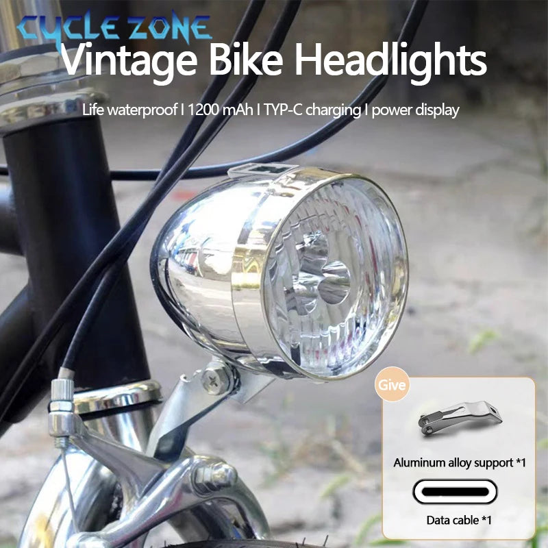 Vintage Bicycle Front Light 3 LED Bike Headlight MTB Flashlight Retro Design Cycling Head Lamp for Night Riding Black Silver