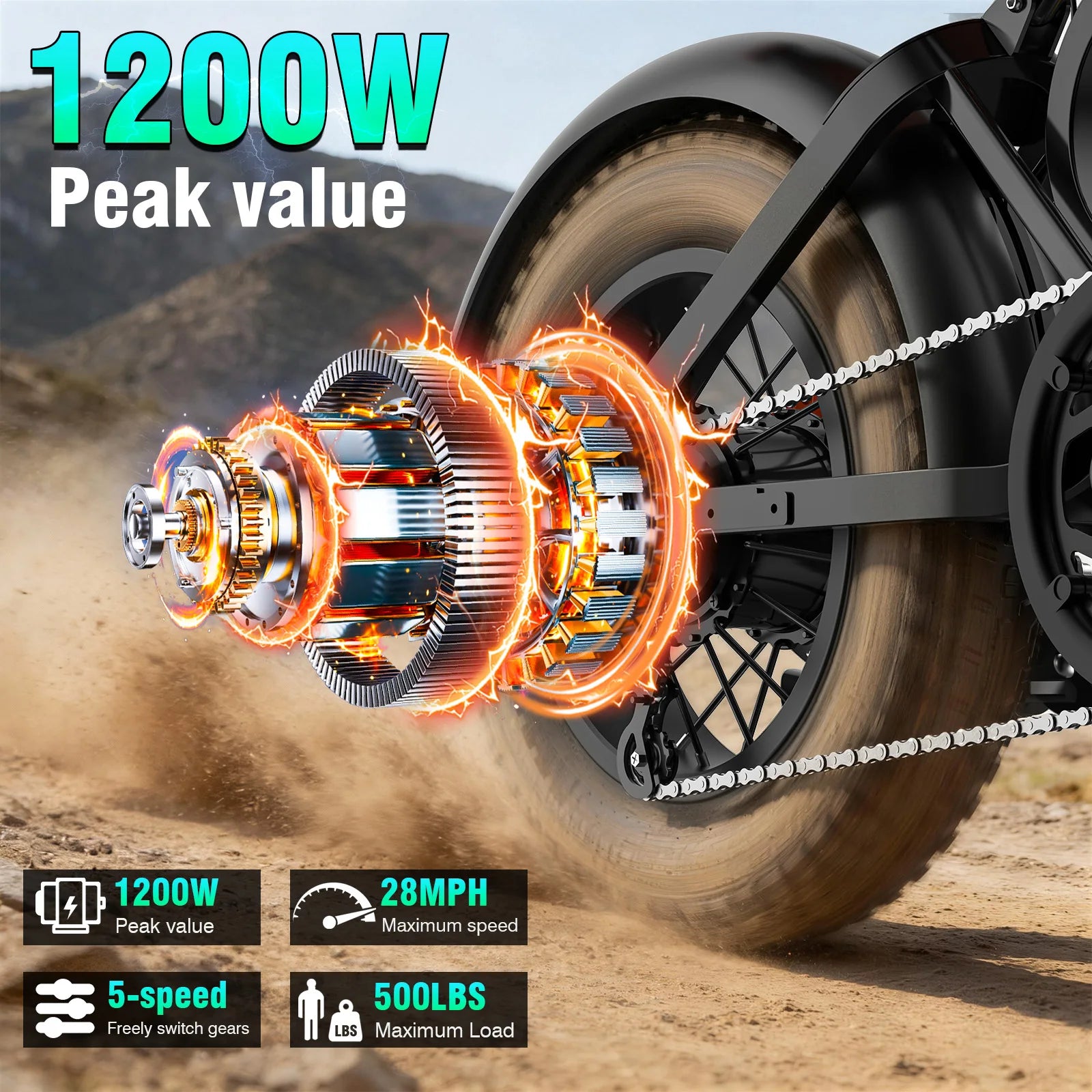 1200W 48V 18Ah Adult Electric Dirt Bike – 28MPH, 5-Speed, 500LB Capacity All-Terrain Motorcycle