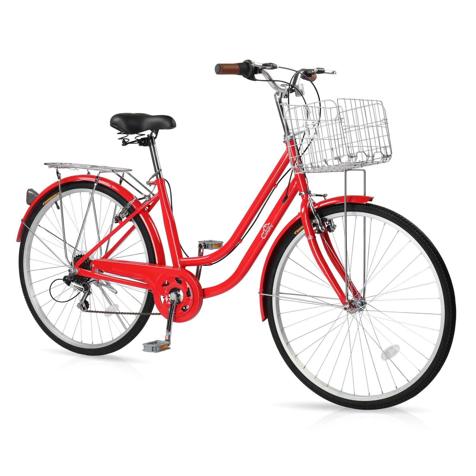 Ktaxon Women Bike Bicycles for Women Beach Cruiser Bike with Premium Derailleur & Shift Lever Adjustable Seat High-Carbon Steel Frame and Excellent Welding Technology (Red)