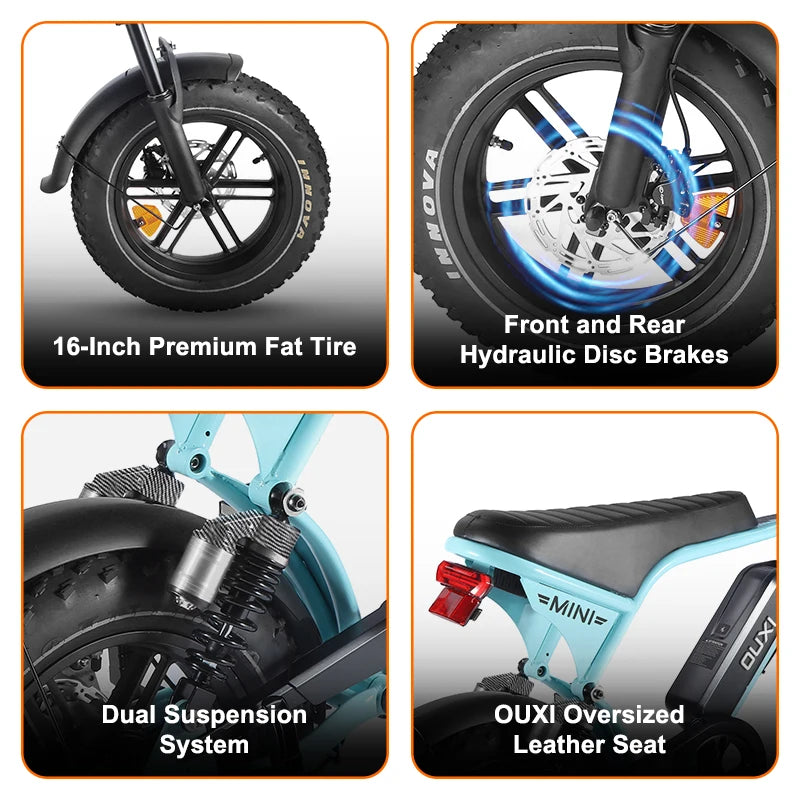 TTYFatbike OUXI Factory V8 Mini Electric Bike 36V Mountain Electric Bike, Fat Tire V20 Mini Off-Road Bike, Electric Hybrid Bike