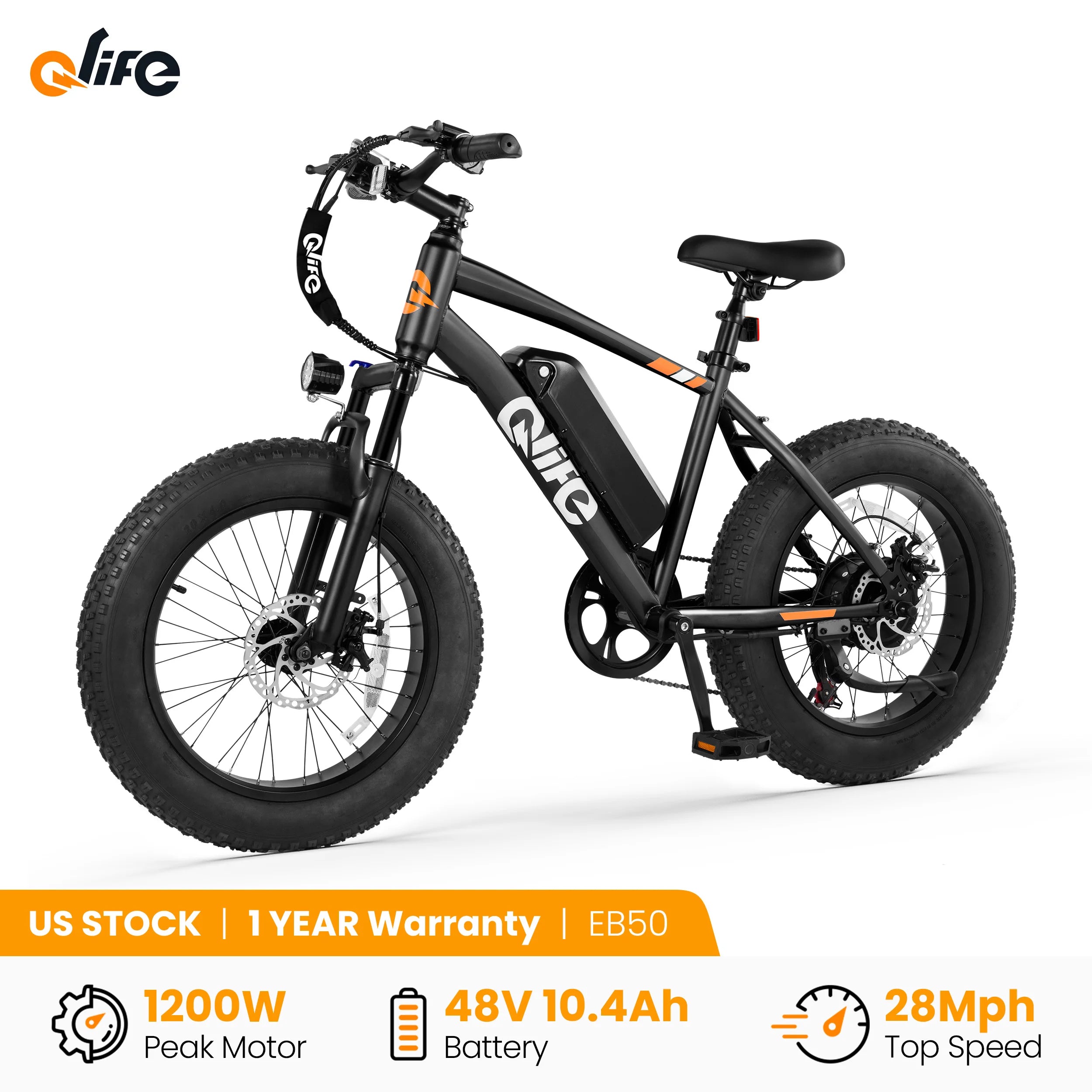 Qlife Racer Fat Tire Electric Bike for Adults, 20"×4.0" Fat Tire Electric Mountain Bike, Peak 1200W 48V 10.4Ah,  28MPH 55 Miles  Electric Bicycle, 7-Speed