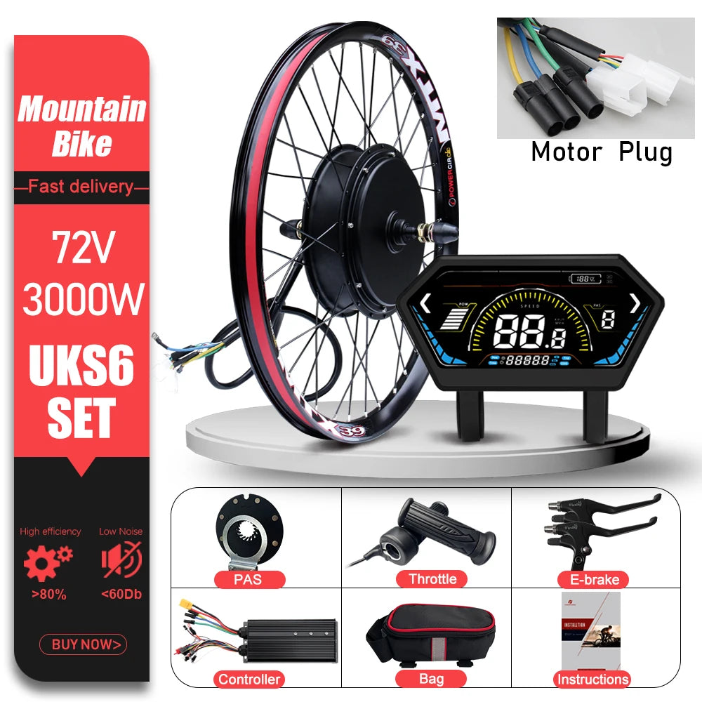 72V 3000W MTX39 E-Bike Conversion Kit – Brushless Gearless Rear Hub Motor 26-29" 700C Electric Bicycle