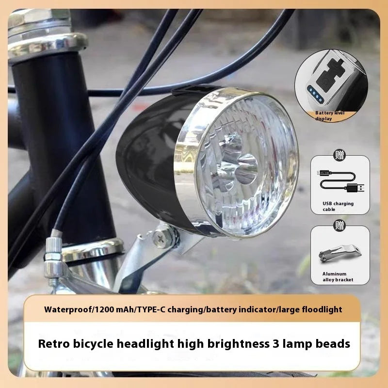 1set Retro Bicycle Headlight 3 Light Modes Front Light Type-C Charging Vintage Classic Bikes HeadLamp Cycling Accessories