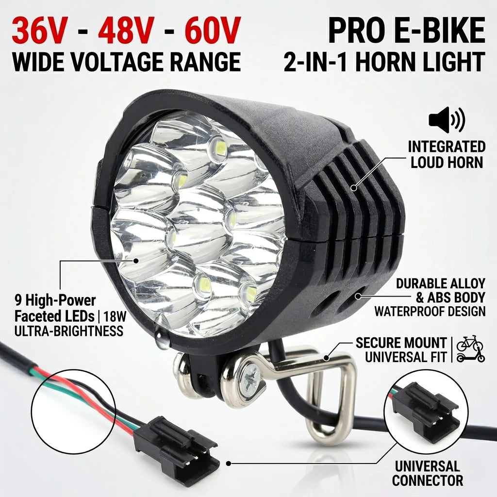 E-Bike Headlight Horn 2 In 1 Electric Scooter Front Light 9LED 18W 36V 48V 60V Bicycle Safety Flashlight Switch Night Cycling