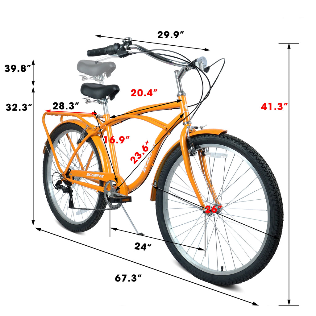 26 Inch Beach Cruiser Bike for Men Women, 7 Speed Commuter Bicycle with Dual V-Brakes and High-Carbon Steel Frame, Comfortable City Bike for Adult