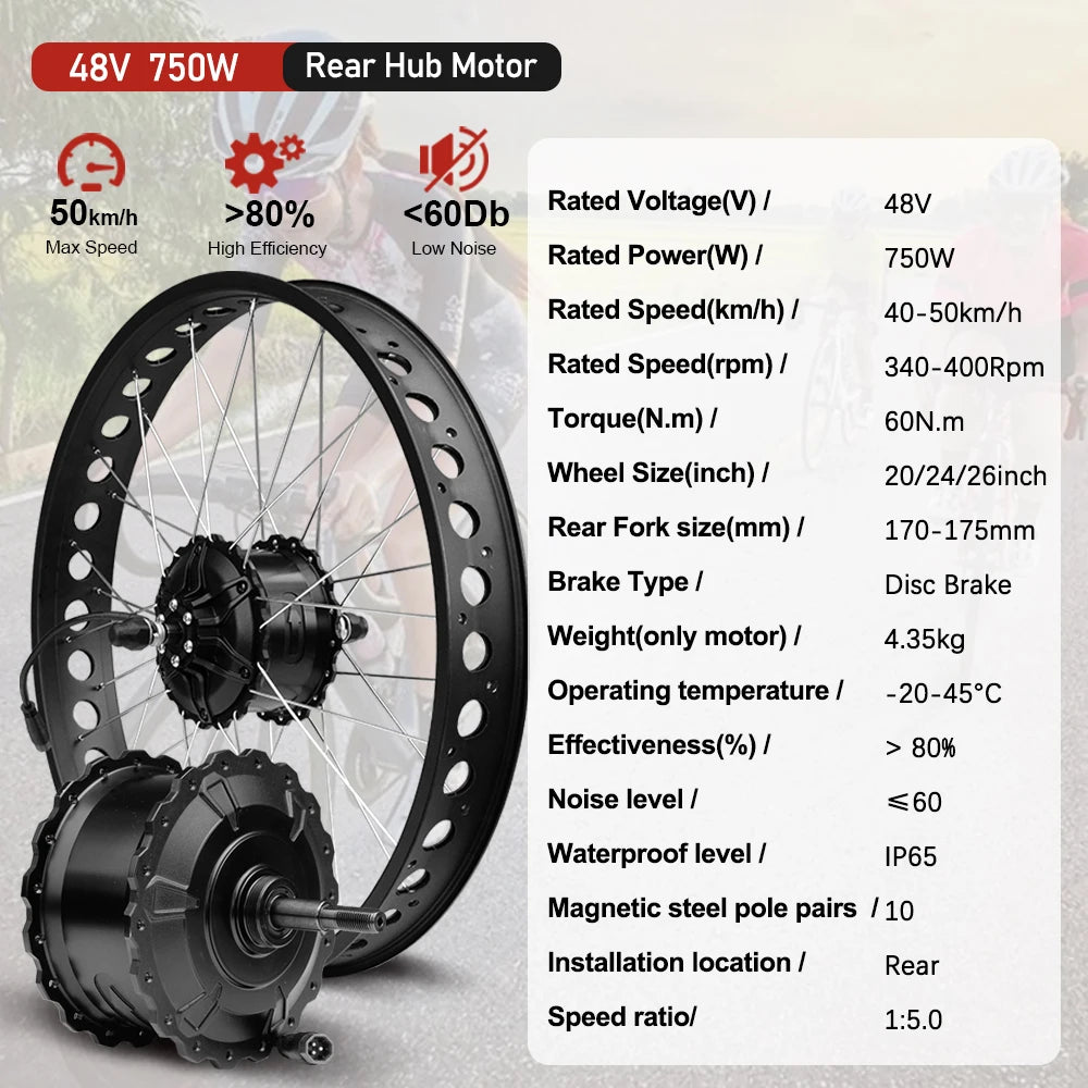 Electric Bike Fat-bike Conversion Kit 48V 750W 20’24’26in 4.0Tyre Brushless Rear Wheel Hub Motor For Snow Electric Bicycle Kit