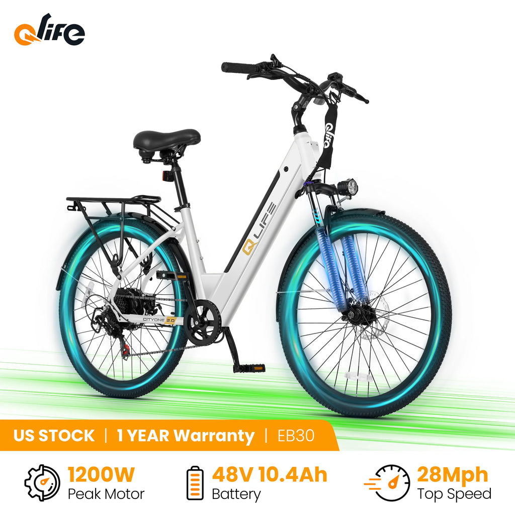 Qlife Cityone 2.0  26" Electric Bike for Adults, 1200W Peak Motor 48V 10.4Ah Battery, 28MPH 55 Miles, 7-Speed Electric Bicycle with Front Suspension