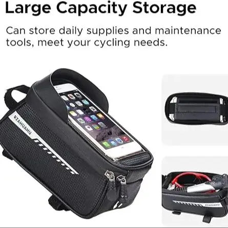 Waterproof Bike Front Frame Bag for Ebike & Mountain Bicycle, TPU Touch Screen Phone Pocket, Large Storage Bag Fits 6.5'' Phone.