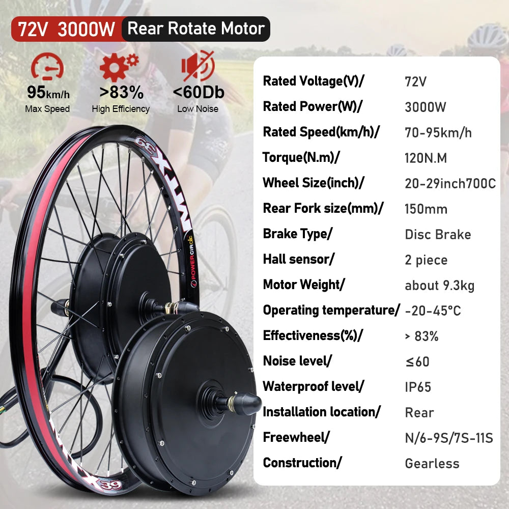 72V 3000W MTX39 E-Bike Conversion Kit – Brushless Gearless Rear Hub Motor 26-29" 700C Electric Bicycle