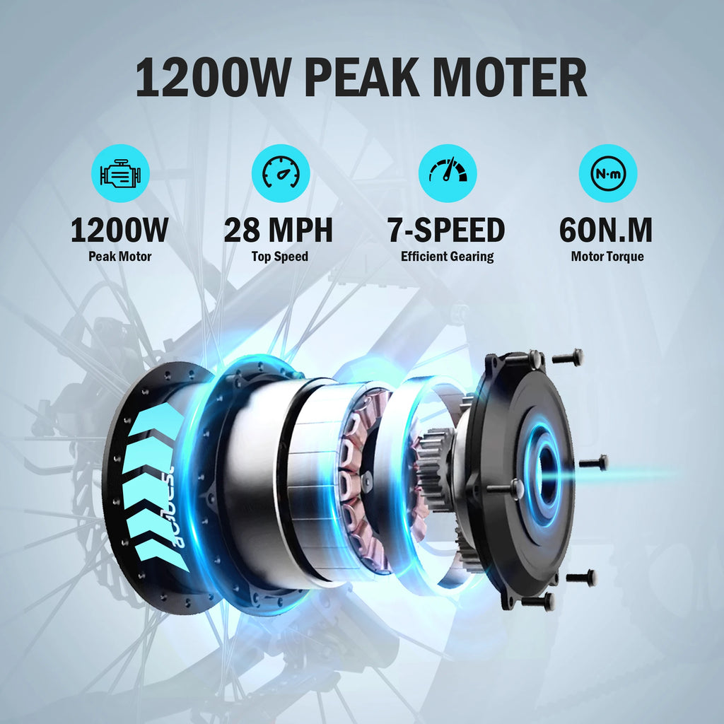 ActBest Core 2.0 ST  26" Electric Bike for Adults, 1200W Peak Motor 48V 10.4Ah Battery, 28MPH 55 Miles, 7-Speed Electric Bicycle with Front Suspension, with Free Bike Lock