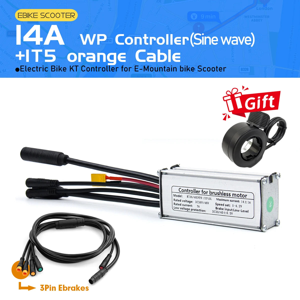 Electric Bike KT Controller 36V 48V14A26A30A35A Waterproof Brushless Motor 250W- 1500W 1T5 3pin E-brake for E-bike Scooter Parts