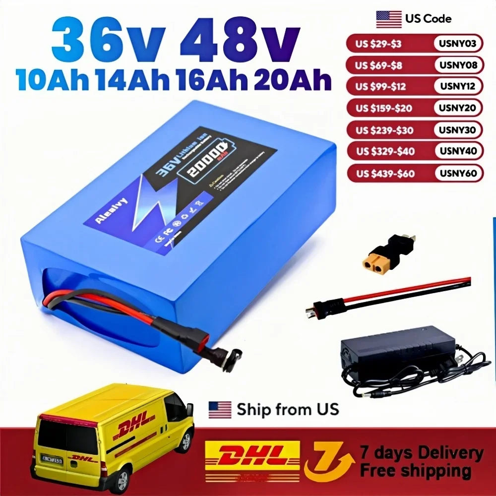 Aleaviy 36V 20Ah Electric Bike Lithium Battery Pack 20000mAh Li Ion Ebike Battery for Bicycle Scooter Motorcycle with Charger