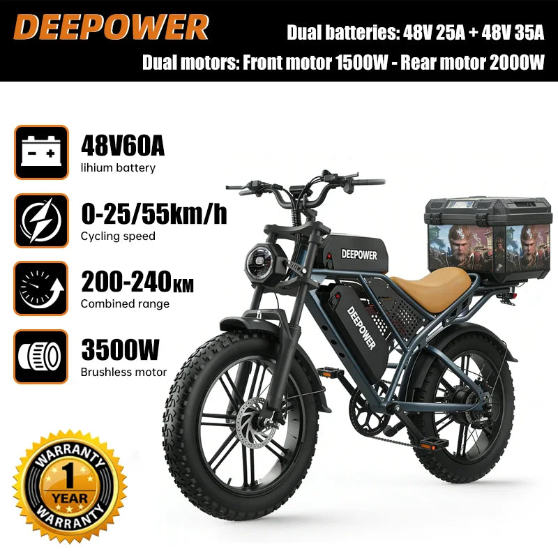 Deepower S8 Electric Bicycle Dual drive 3500W Dual Motor Electric Bike 48V 60AH Removable Battery 20 Inch Fat Tire Adult Ebike