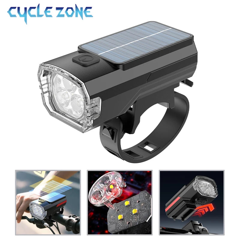 Bicycle Solar Charging Front Light Wide-Angle MTB Road Bike 3 LED Headlight Flashlight Easy to Install Cycling Accessoreis