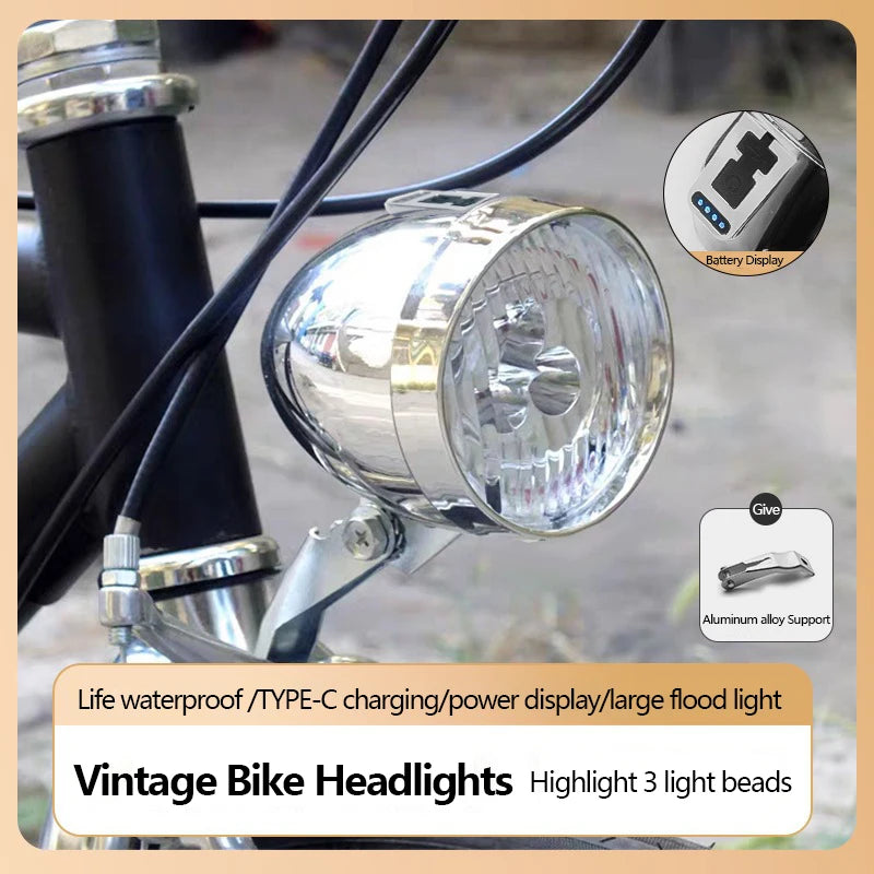 Vintage Bicycle Front Light 3 LED Bike Headlight MTB Flashlight Retro Design Cycling Head Lamp for Night Riding Black Silver