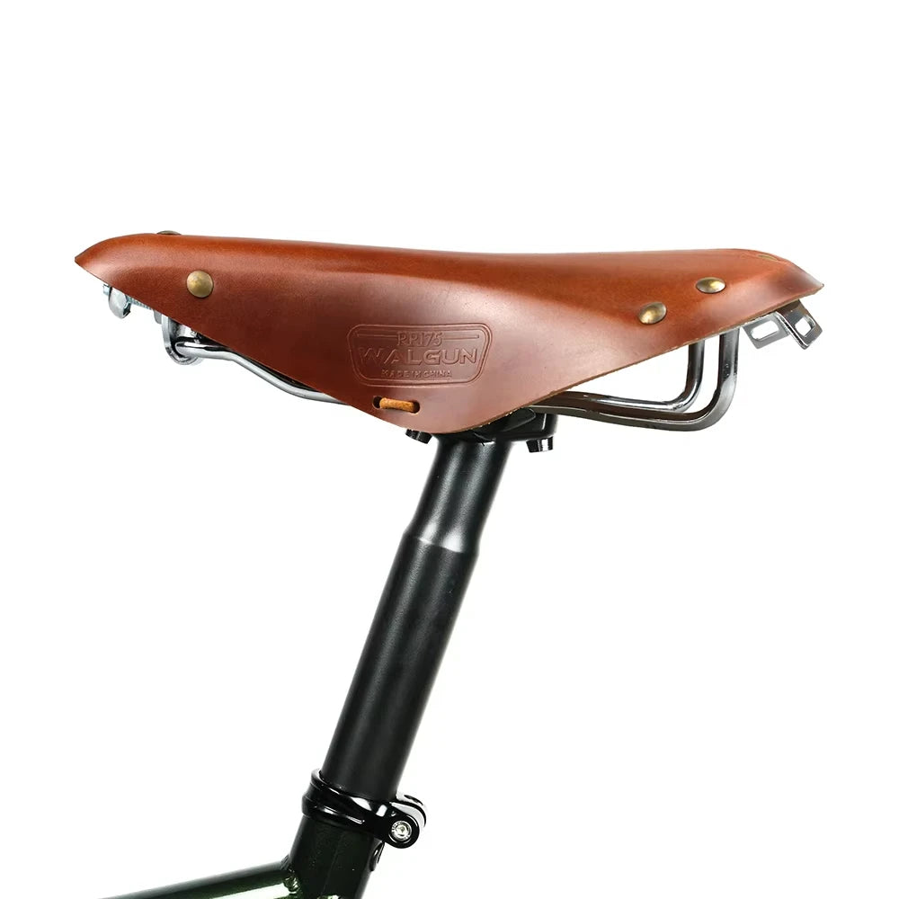 Retro Cowhide Leather Bike Saddle Wide Comfort Pressure Relief Shock Absorbing Bicycle Seat Vintage for City Cruiser Road E-Bike