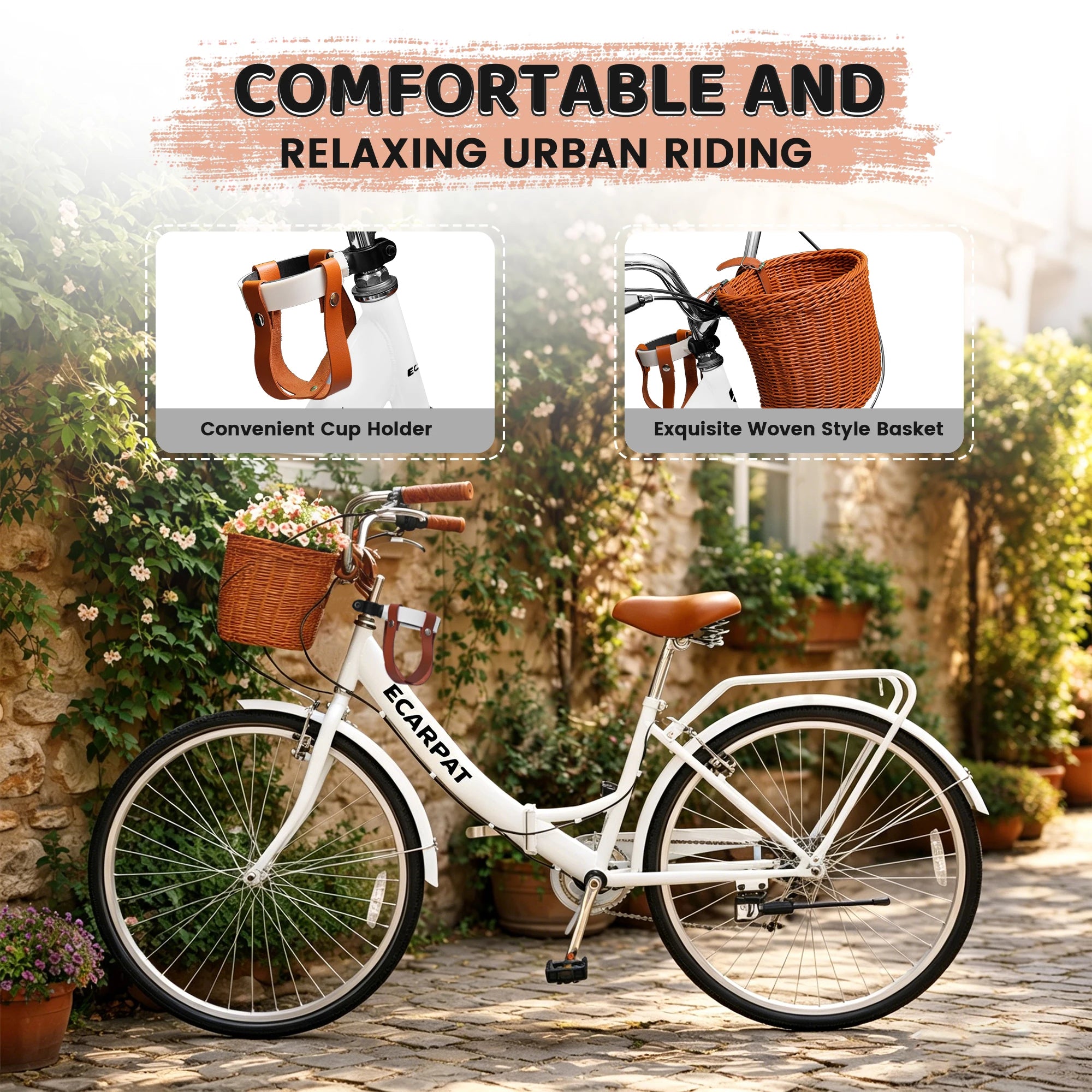 26 Inch Folding Beach Cruiser Bike for Women, 7 Speed Comfortable City Bike with Rear Rack, Cup Holder and Basket, Steel Frame Commuter Foldable Bicycle with Dual V-Brakes for Adults