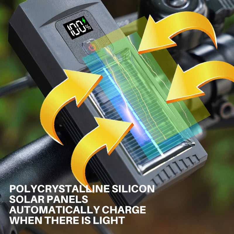 Multi-function Mountain Road Bike Light Digital Display Waterproof Solar Charging Riding Light Bicycle Head Light