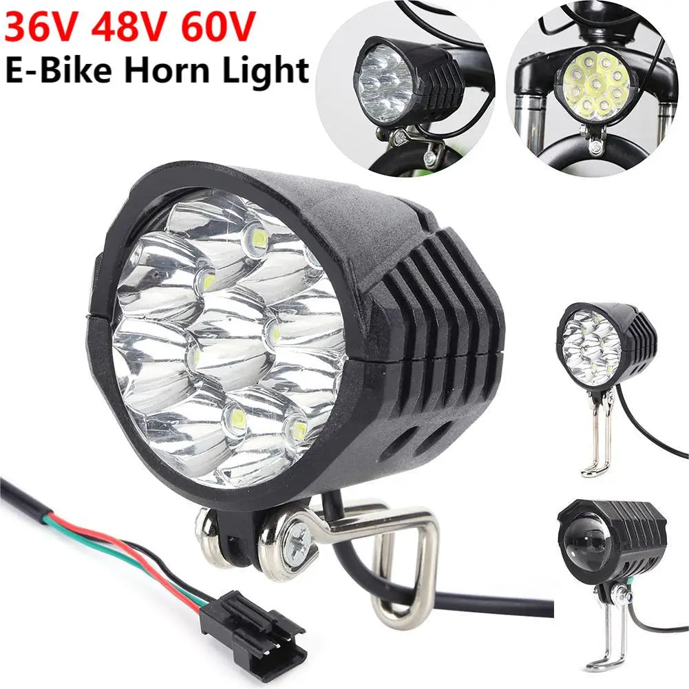E-Bike Headlight Horn 2 In 1 Electric Scooter Front Light 9LED 18W 36V 48V 60V Bicycle Safety Flashlight Switch Night Cycling