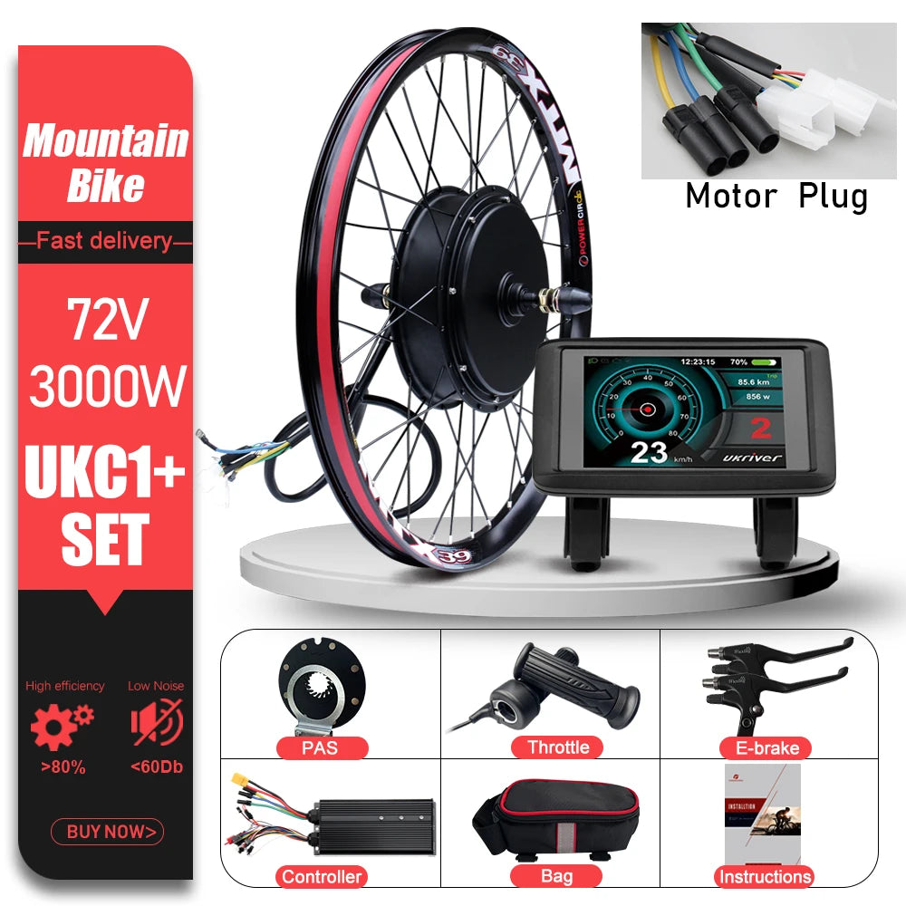 72V 3000W MTX39 E-Bike Conversion Kit – Brushless Gearless Rear Hub Motor 26-29" 700C Electric Bicycle