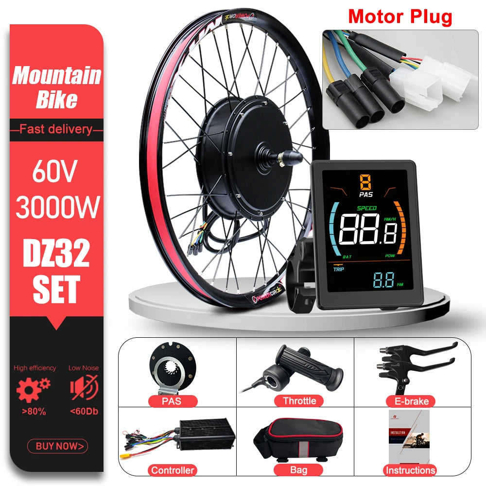 60V 3000W E-Bike Conversion Kit – 26-29" 700C Rear Brushless Hub Motor Wheel with UKC1 Display