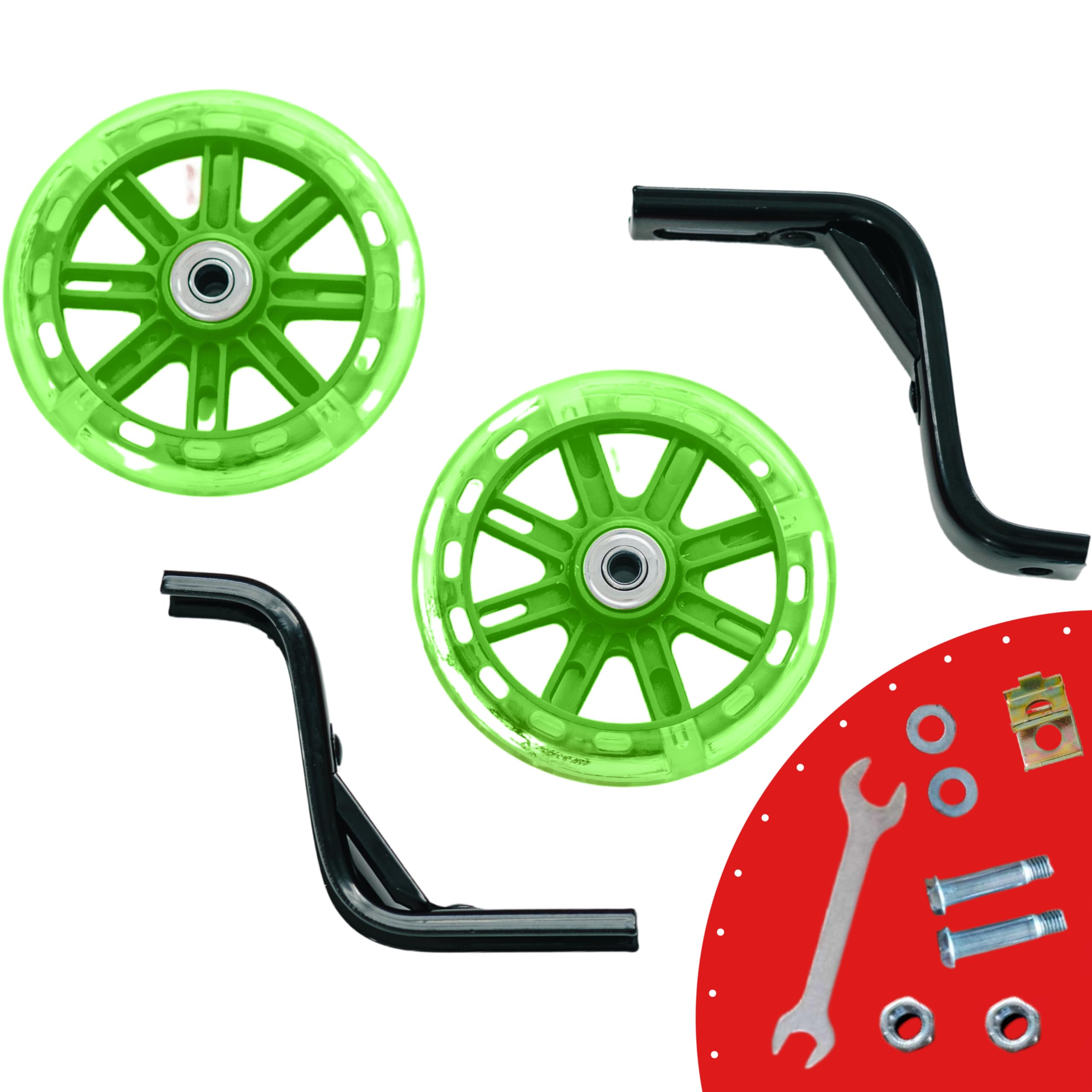 Bicycle Training Wheels - Metal PVP PP Training Wheels - Light Up Training Wheels for Kids Bike 14”-16” Wheel Size - Kids Bike Accessories w Extra Support Bracket (Green 16 in)