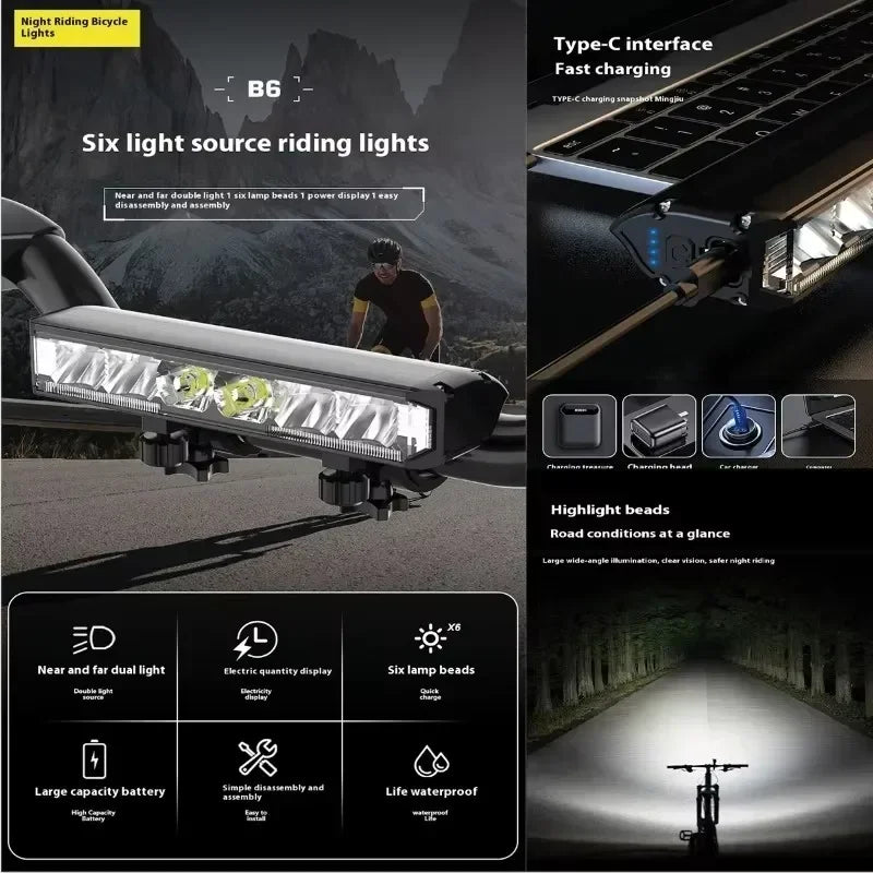 Bright 6 LED Bicycle Headlight Rechargeable Front Light Road Bike Handlebar Flashlight Outdoor Night Riding Cycling Safety Lamp
