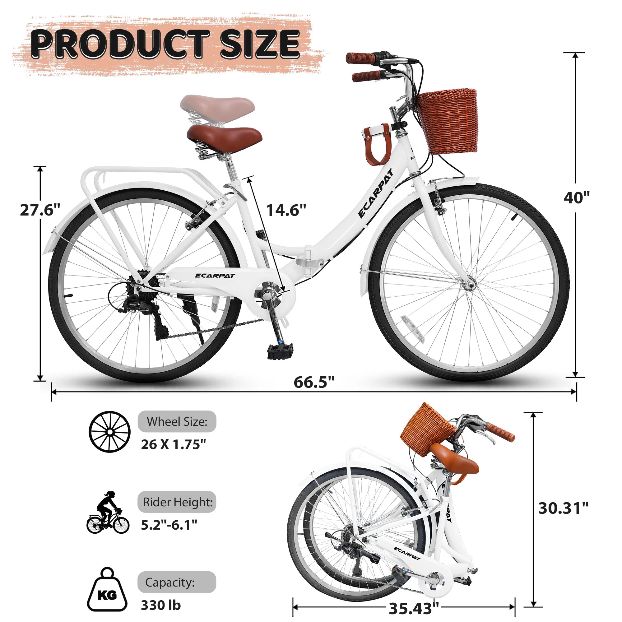 26 Inch Folding Beach Cruiser Bike for Women, 7 Speed Comfortable City Bike with Rear Rack, Cup Holder and Basket, Steel Frame Commuter Foldable Bicycle with Dual V-Brakes for Adults