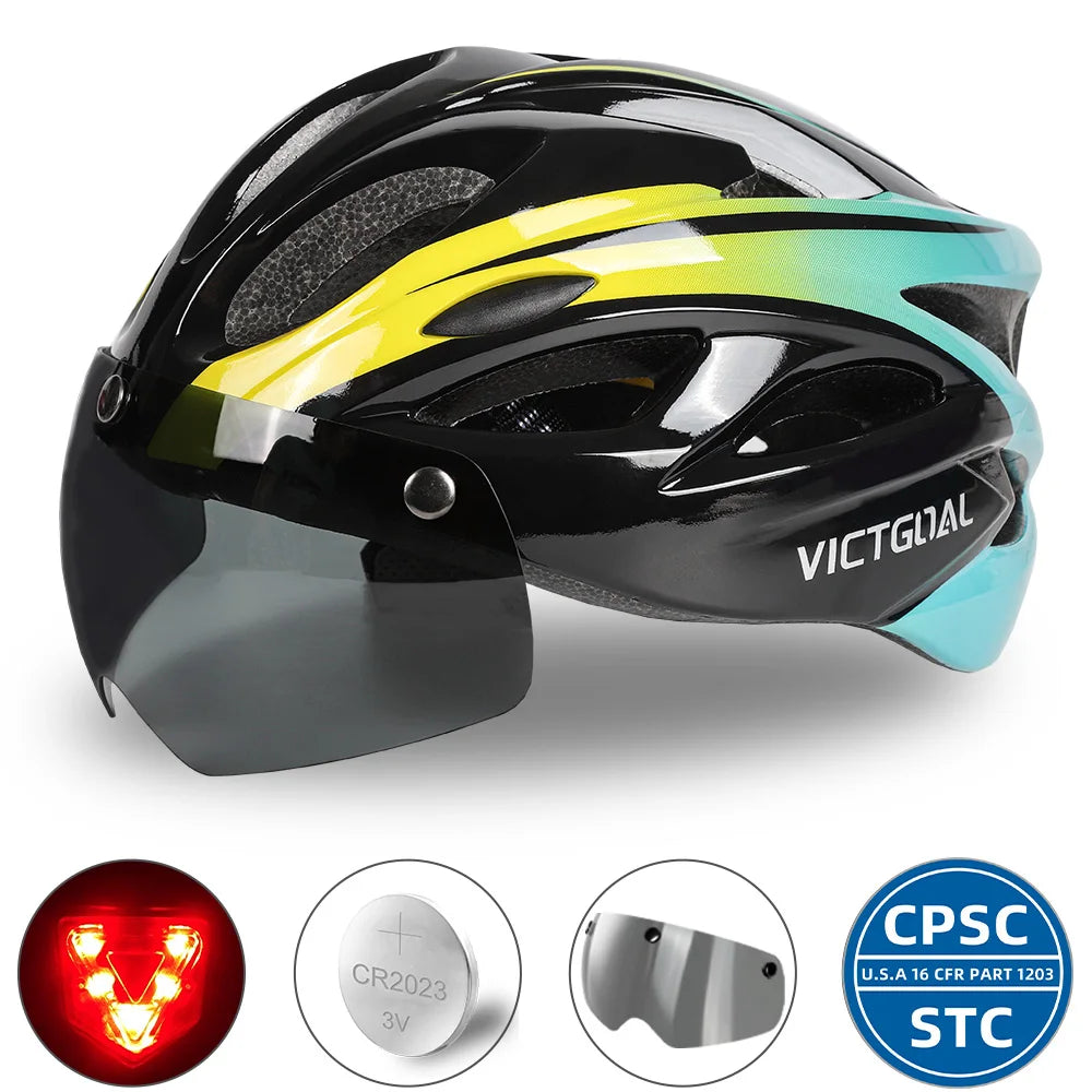 VICTGOAL Adults Bike Helmet Goggles LED Rear Light Men Women Cycling Helmet Road Bicycle Helmets MTB E-Bike Cap Scotter Headgear