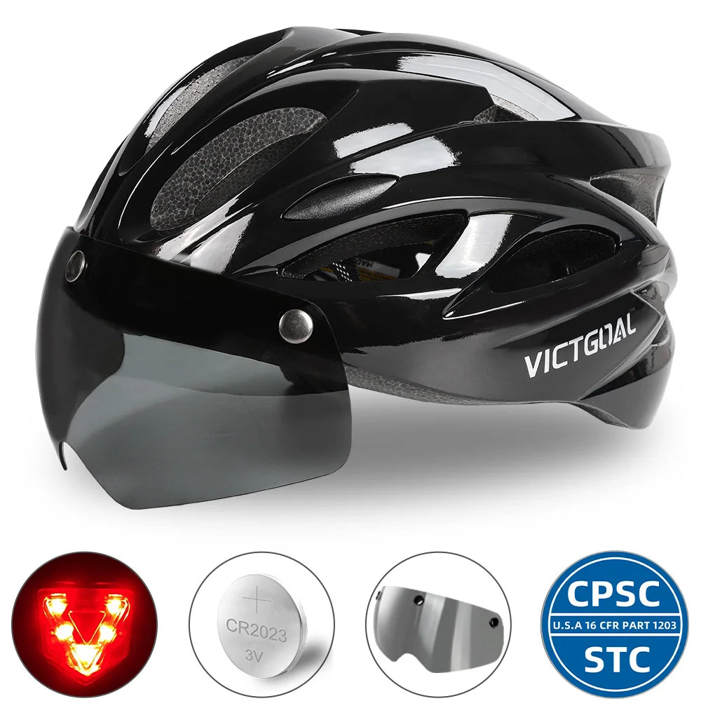 VICTGOAL Adults Bike Helmet Goggles LED Rear Light Men Women Cycling Helmet Road Bicycle Helmets MTB E-Bike Cap Scotter Headgear