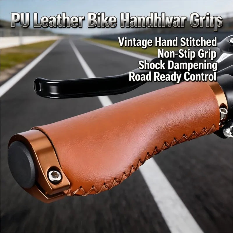 PU Leather Bike Handlebar Grips Vintage Hand Stitched Bicycle Grips Shock Absorbing Handlebar Grip for Bike Cycling Accessories