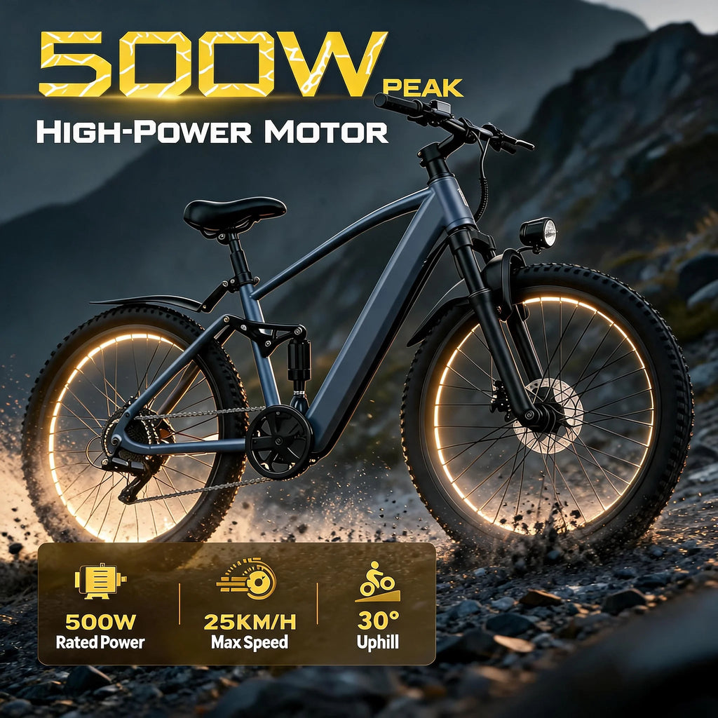 Electric Mountain Bike, 500W Hybrid Power, Full Suspension, Pedal Assist, Removable Battery, Local Delivery, Ideal Gift, cross country biking, outdoor trail adventures