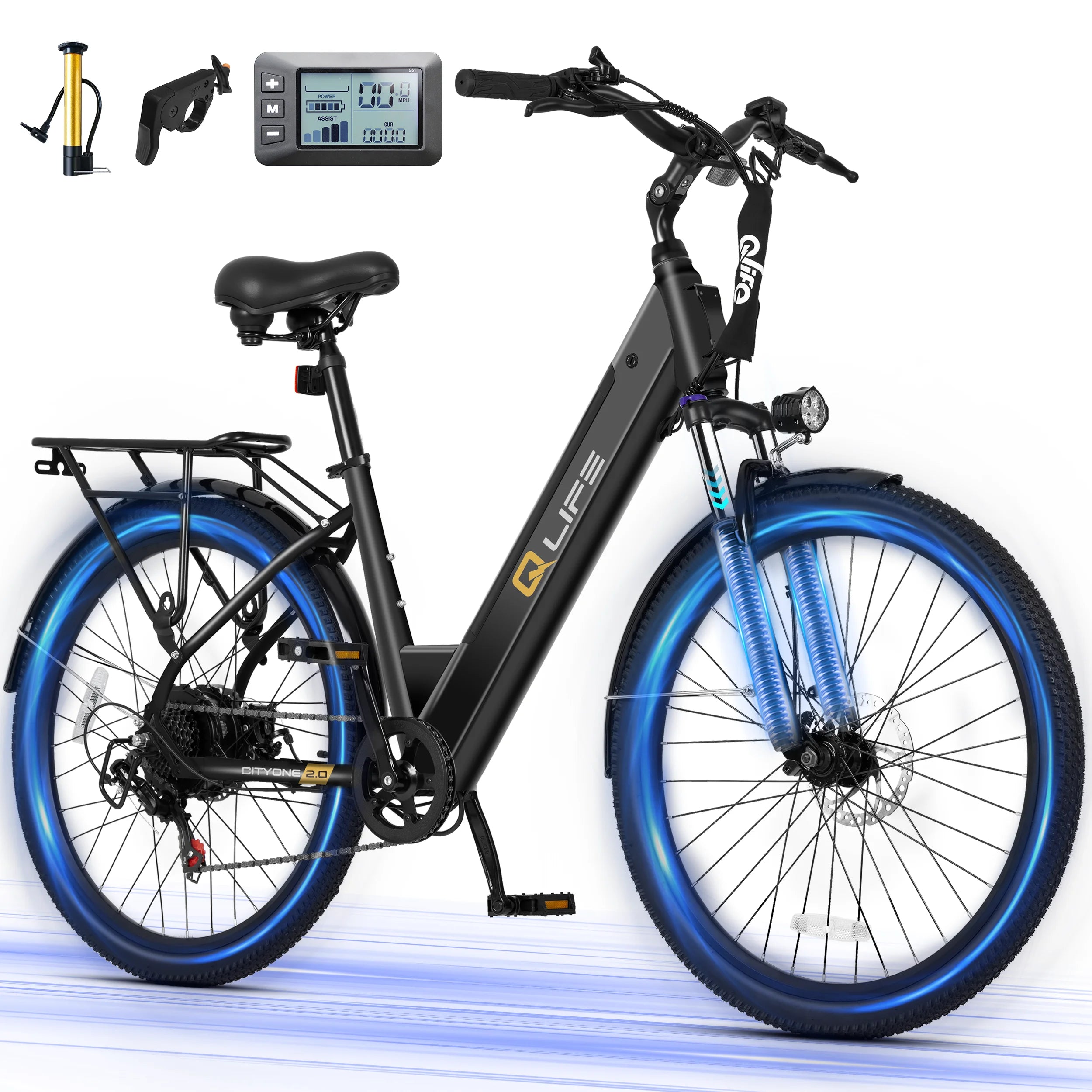 Qlife Cityone 2.0  26" Electric Bike for Adults, 1200W Peak Motor 48V 10.4Ah Battery, 28MPH 55 Miles, 7-Speed Electric Bicycle with Front Suspension