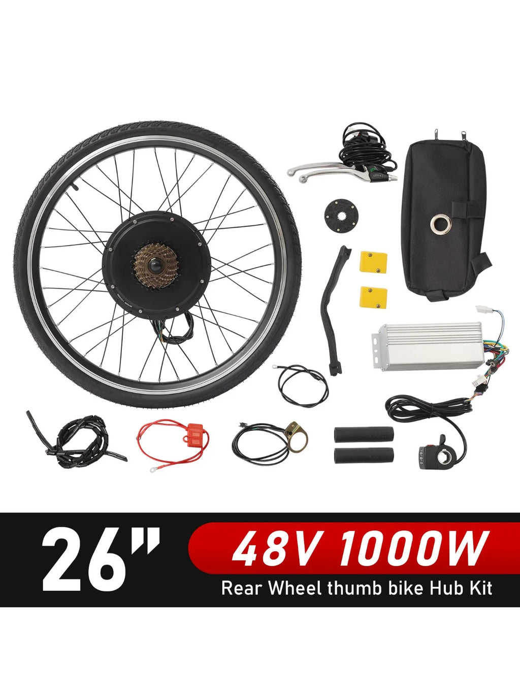Electric Bike Kit Rear Wheel 26inch 48V 1000W, Thumb Throttle, Aluminum Alloy, Rust Resistant, Complete DIY Electric Bike Conversion Accessories