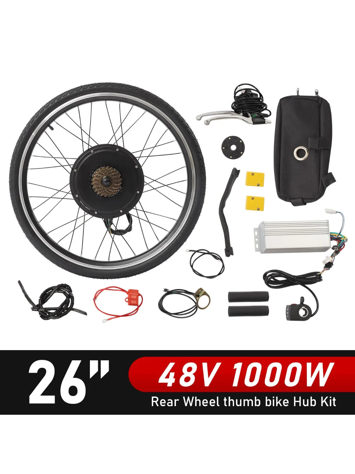 Electric Bike Kit Rear Wheel 26inch 48V 1000W, Thumb Throttle, Aluminum Alloy, Rust Resistant, Complete DIY Electric Bike Conversion Accessories