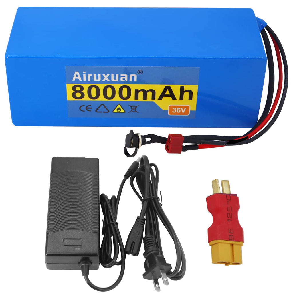 Airuxuan 36V Battery 36V Ebike Battery 8Ah 12Ah 16Ah 22Ah Electric Bike Battery 36V Lithium Battery with 2A Charger T-Plug XT60 Connector and BMS for 250-1000W Electric Bicycles Motor/Ebike Kit