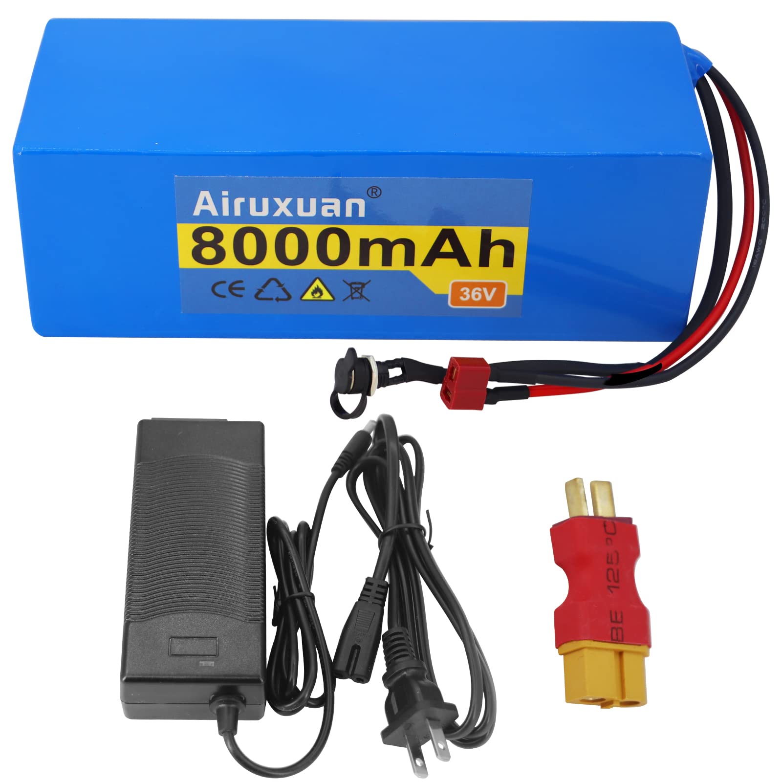 Airuxuan 36V Battery 36V Ebike Battery 8Ah 12Ah 16Ah 22Ah Electric Bike Battery 36V Lithium Battery with 2A Charger T-Plug XT60 Connector and BMS for 250-1000W Electric Bicycles Motor/Ebike Kit