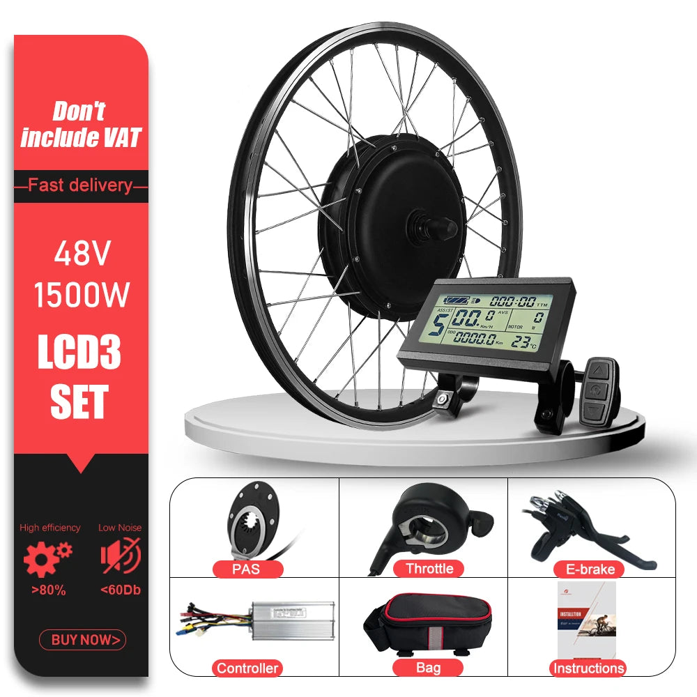 48V 1500W Brushless Rear Cassette Hub Motor E-Bike Conversion Kit – 20-29" 700C Wheel