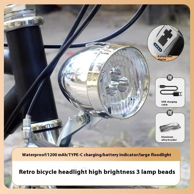 1set Retro Bicycle Headlight 3 Light Modes Front Light Type-C Charging Vintage Classic Bikes HeadLamp Cycling Accessories