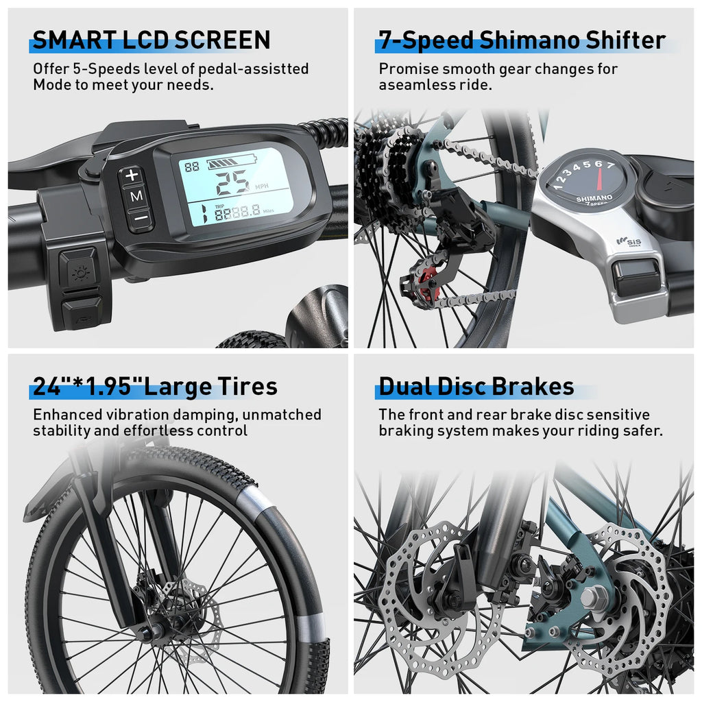 GT300 24 Inch Electric Mountain Bike for Adults, 400W(Peak 748W) Brushless Motor Ebike, 36V 10Ah Removable Lithium Battery, Shimano 7-Speed Gears, 22MPH Electric Bicycle for Urban Daily Commuting Short Trips