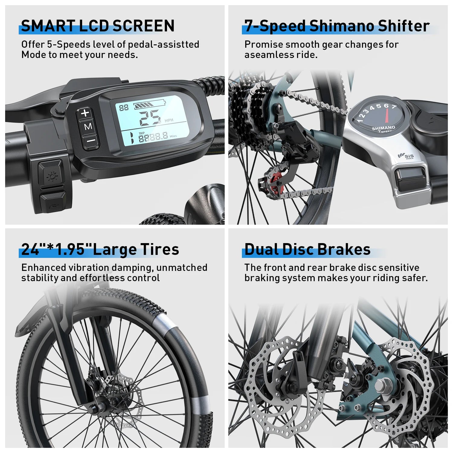 GT300 24 Inch Electric Mountain Bike for Adults, 400W(Peak 748W) Brushless Motor Ebike, 36V 10Ah Removable Lithium Battery, Shimano 7-Speed Gears, 22MPH Electric Bicycle for Urban Daily Commuting Short Trips