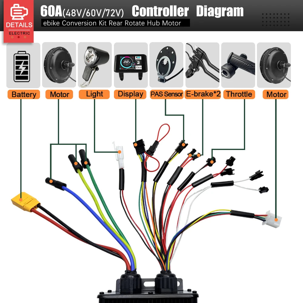 60V 3000W E-Bike Conversion Kit – 26-29" 700C Rear Brushless Hub Motor Wheel with UKC1 Display