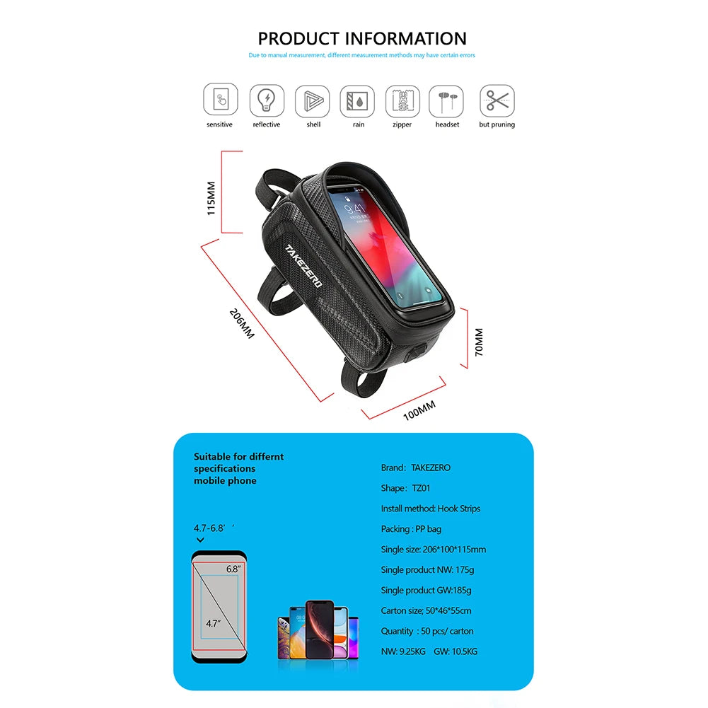 Hard Shell Bicycle Bag Waterproof Rainproof MTB Cycling Head Tube Bag Double Zipper Bicycle Phone Stand Bag for Bike Accessories