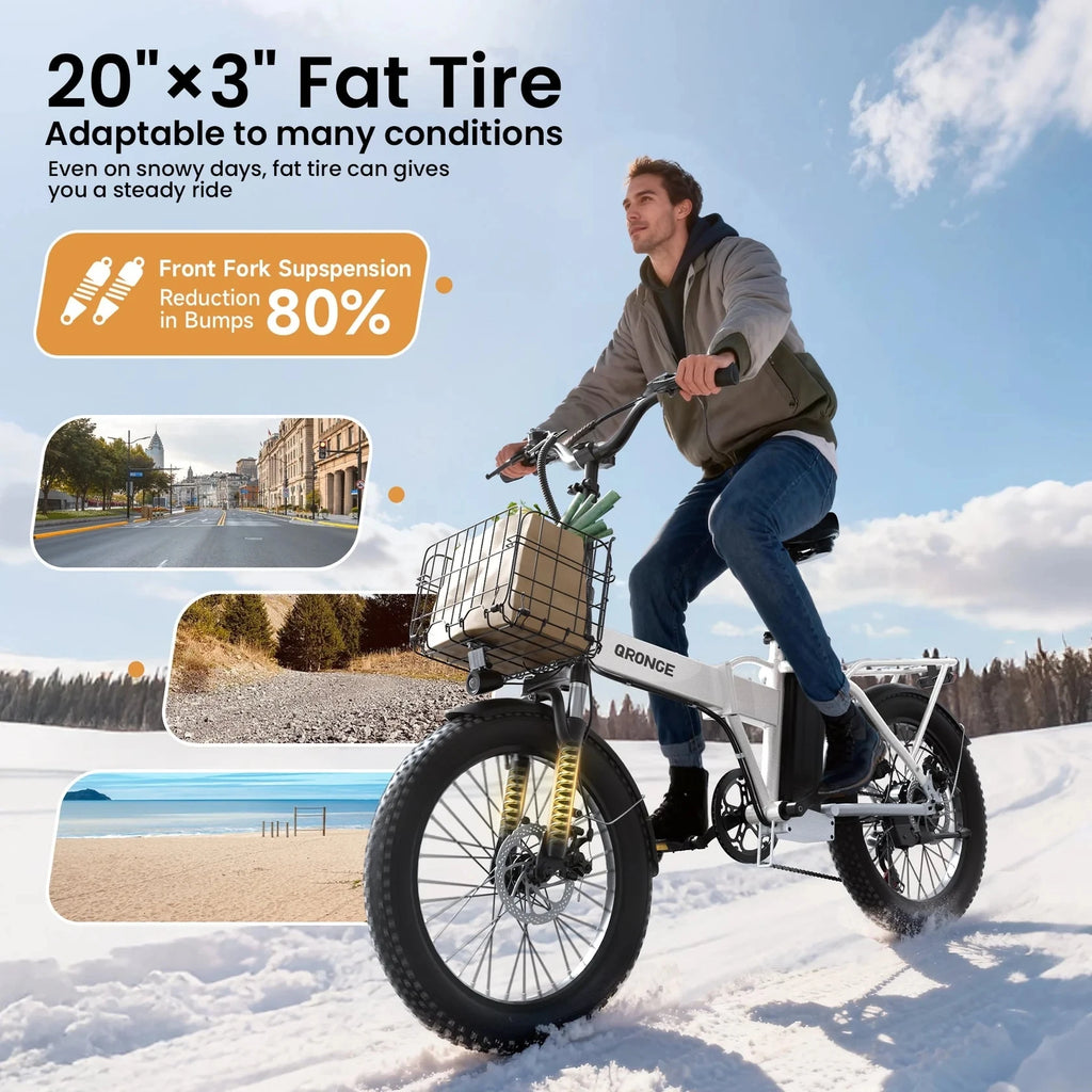 QRONGE Waterfall Folding Electric Bicycle 1000W Peak 48V 13.5AH 20' Fat Tire Electric Bike 70 Max Miles E-bike Commute 28MPH Max