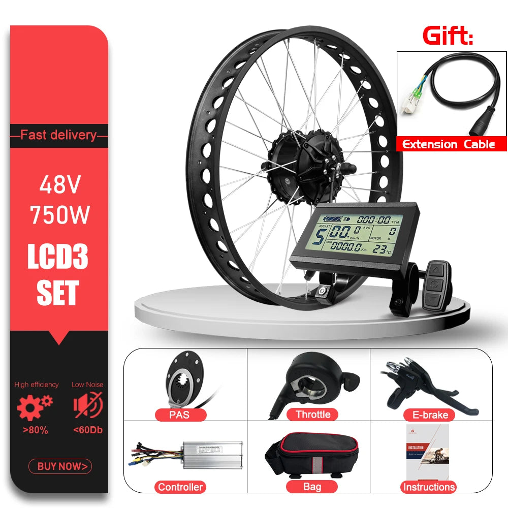 Electric Bike Fat-bike Conversion Kit 48V 750W 20’24’26in 4.0Tyre Brushless Rear Wheel Hub Motor For Snow Electric Bicycle Kit