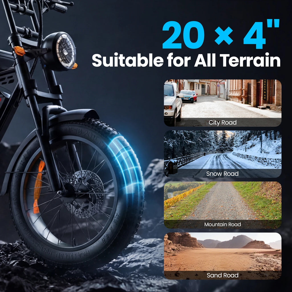 20" Electric Mountain Fat Tire E Bike For Adults, 750W Peak Motor Commuter Ebikes, 48V 15.5AH High Capacity Battery, 37.9 Miles 4Hour Fast Charging, Gears Adults Electric Motorcycles Bicycle