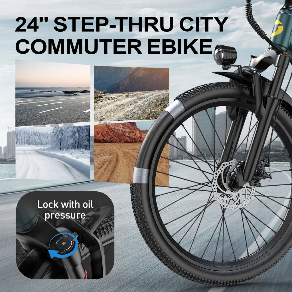 GT300 24 Inch Electric Mountain Bike for Adults, 400W(Peak 748W) Brushless Motor Ebike, 36V 10Ah Removable Lithium Battery, Shimano 7-Speed Gears, 22MPH Electric Bicycle for Urban Daily Commuting Short Trips