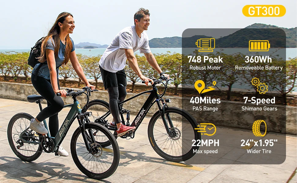 GT300 24 Inch Electric Mountain Bike for Adults, 400W(Peak 748W) Brushless Motor Ebike, 36V 10Ah Removable Lithium Battery, Shimano 7-Speed Gears, 22MPH Electric Bicycle for Urban Daily Commuting Short Trips