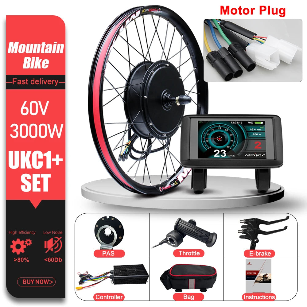 60V 3000W E-Bike Conversion Kit – 26-29" 700C Rear Brushless Hub Motor Wheel with UKC1 Display