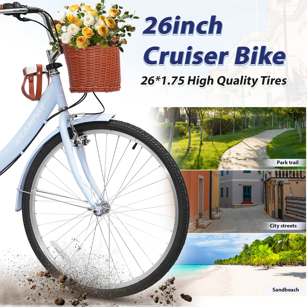 26 Inch Folding Beach Cruiser Bike for Women, 7 Speed Comfortable City Bike with Rear Rack, Cup Holder and Basket, Steel Frame Commuter Foldable Bicycle with Dual V-Brakes for Adults